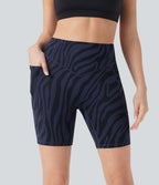 SoCinched High Waisted Tummy Control Zebra Print Training Biker Shorts 7'' with Pockets