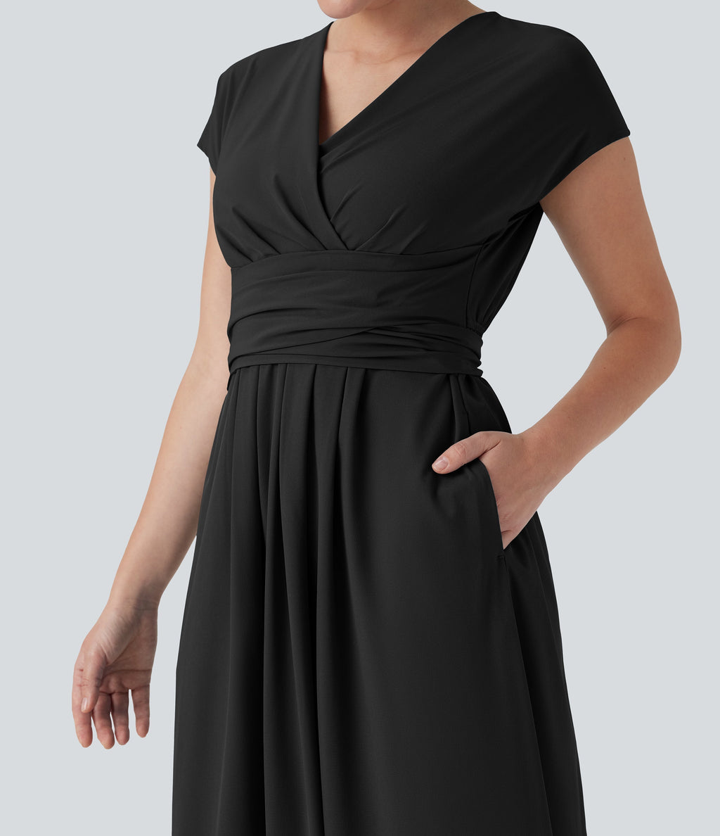 BreezefulTM V Neck Short Sleeve Pocket Tie Back Quick Dry Midi Casual Dress