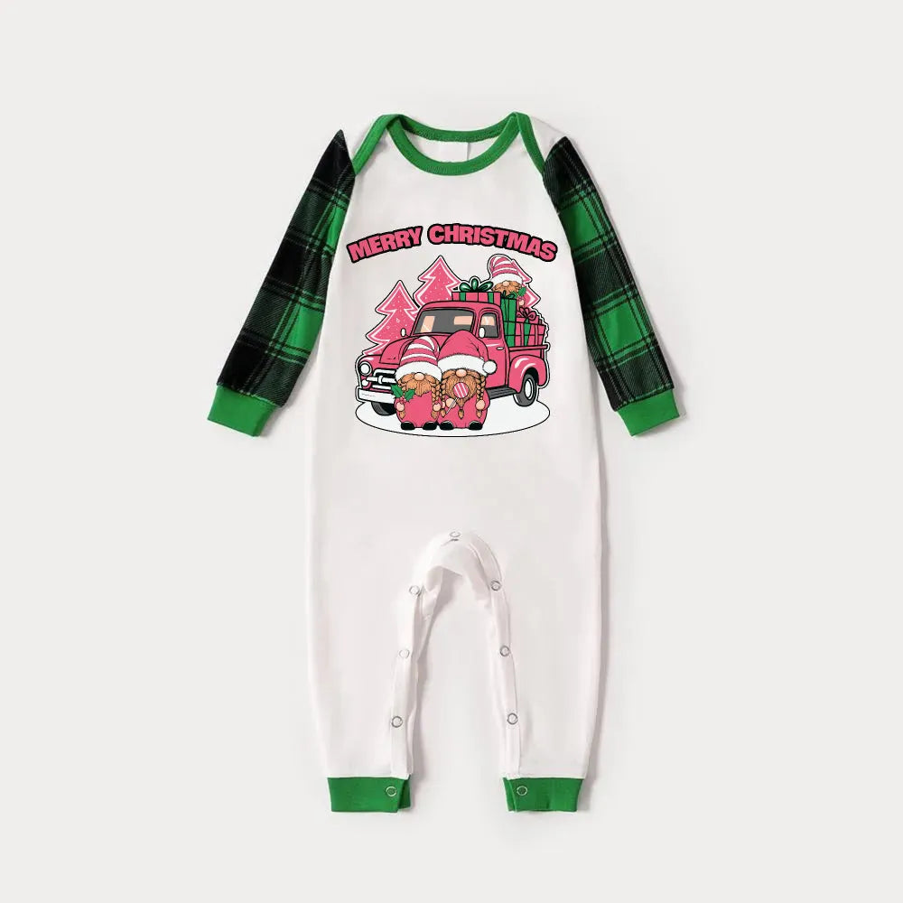 Green Raglan Top Green Plaid Christmas Pajamas Set With Pink Gnomes and "MERRY CHRISTMAS" Print