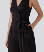 V Neck Sleeveless Belted Stripe Cool Touch Work Jumpsuit with Pockets-Easy Peezy