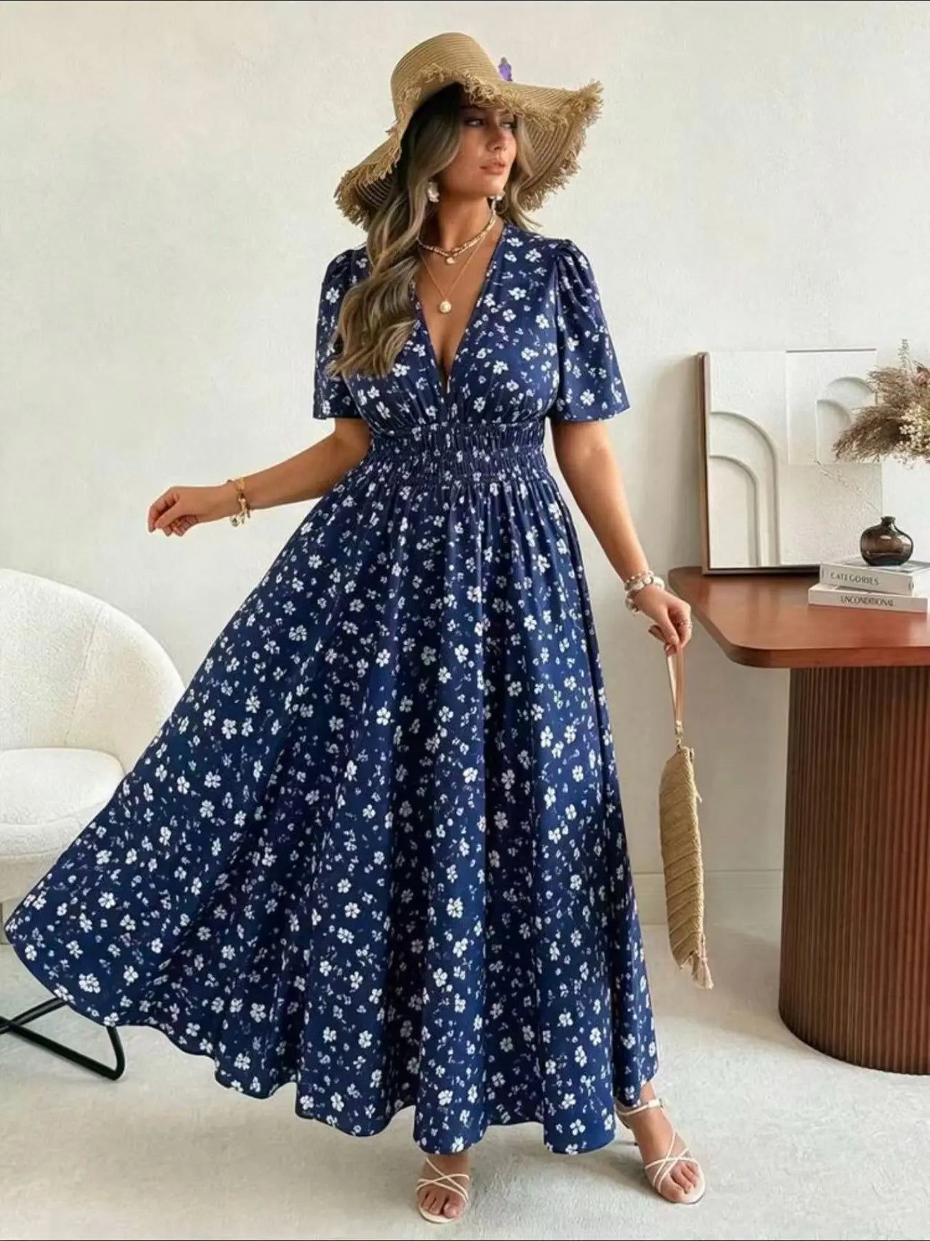 Plus Size French Floral Dress, Deep V Neck Waist Cinch Slimming Short Sleeve Long Dress, Vacation Style, Women's Fashion