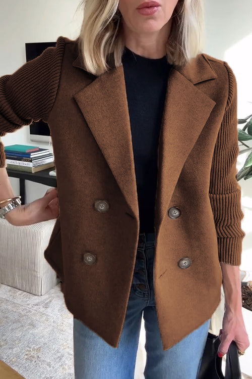 Women's Lapel Button Knitted Patchwork Sleeve Casual Coat