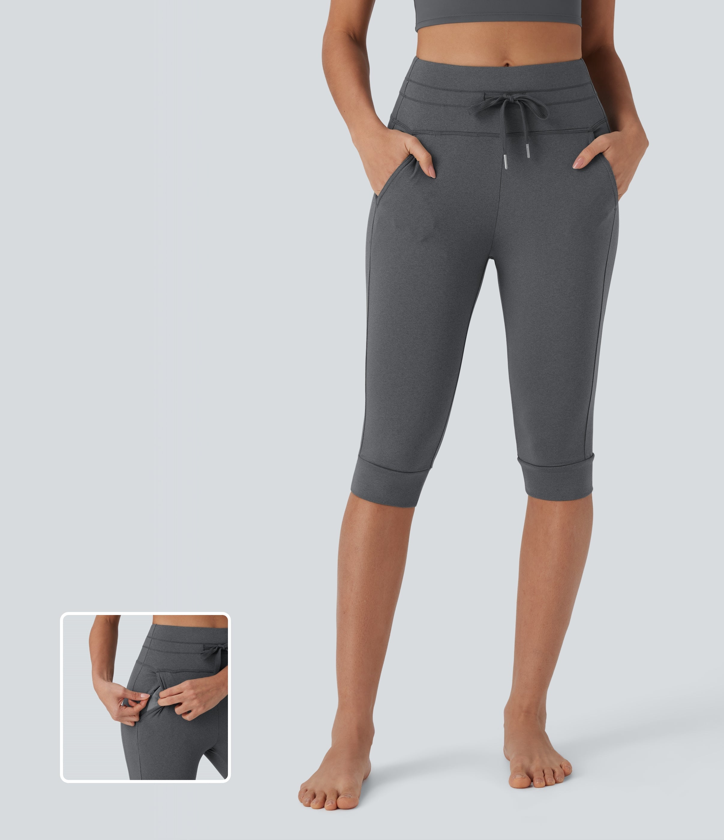 High Waisted Drawstring Pedal Pusher Quick Dry Yoga Joggers with Pockets