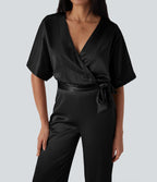 Crossover V Neck Belted Wide Leg Satin-like Work Jumpsuit with Pockets