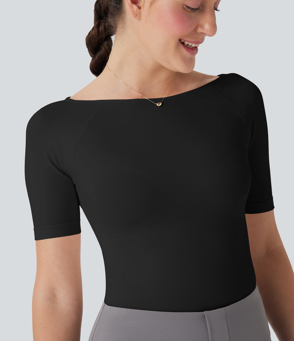 Seamless Flow Smoothing Boat Neck Adjustable Leg Straps Work Bodysuit-Easy Peezy