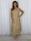 Grandad Collar Cinched Pleated Waist Dress