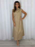 Grandad Collar Cinched Pleated Waist Dress