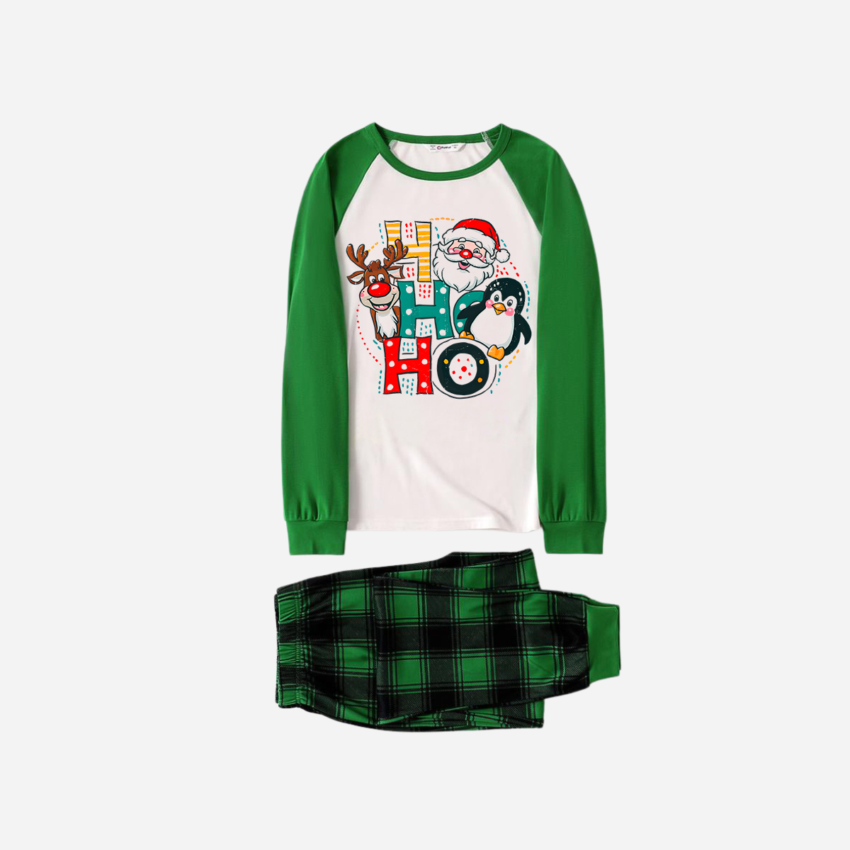 Green Raglan Top Green Plaid Christmas Pajamas Set With "HO HO HO" Pattern Print