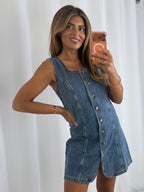 Sleeveless Mini Buttoned Denim Dress