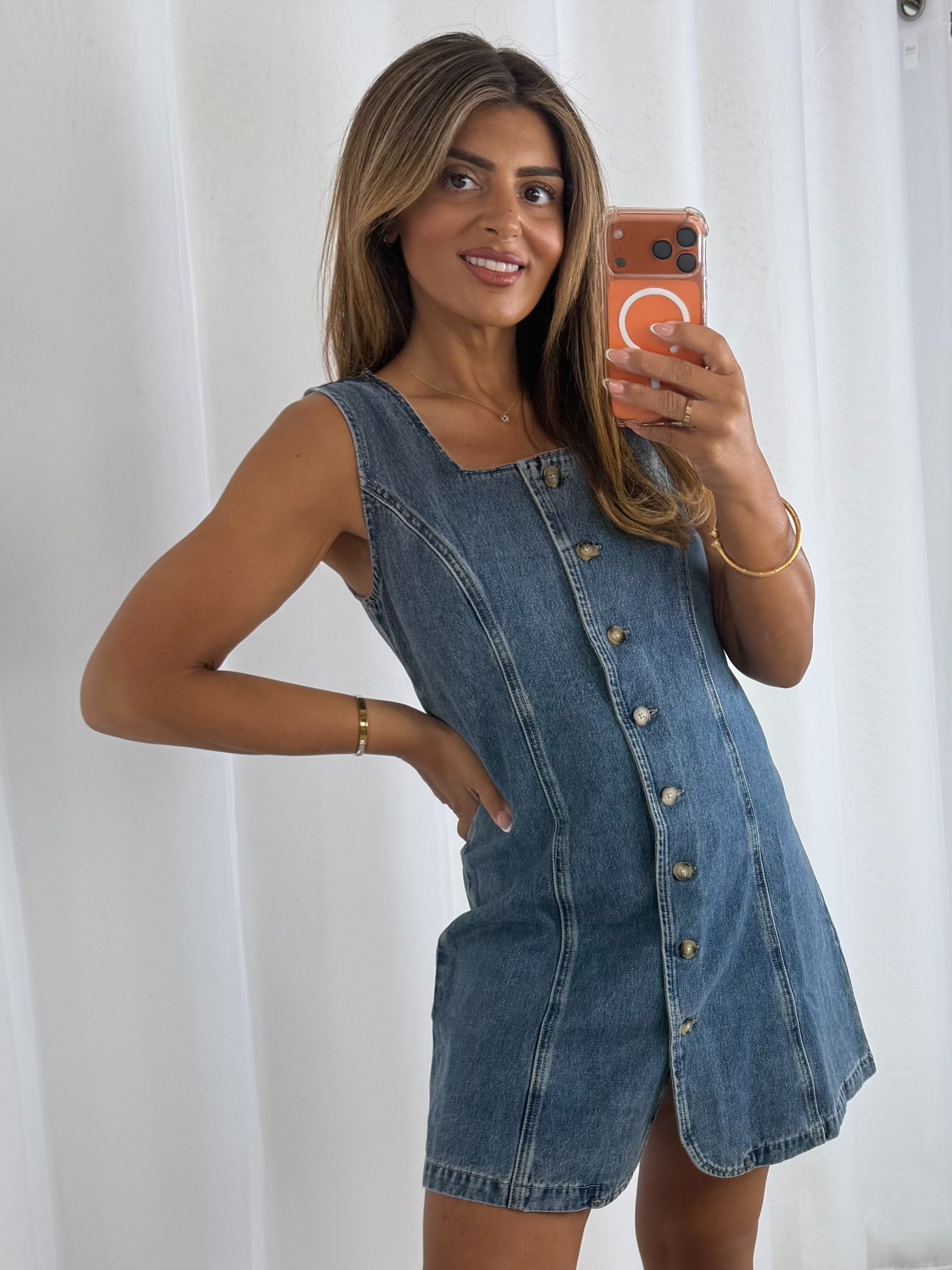 Sleeveless Mini Buttoned Denim Dress