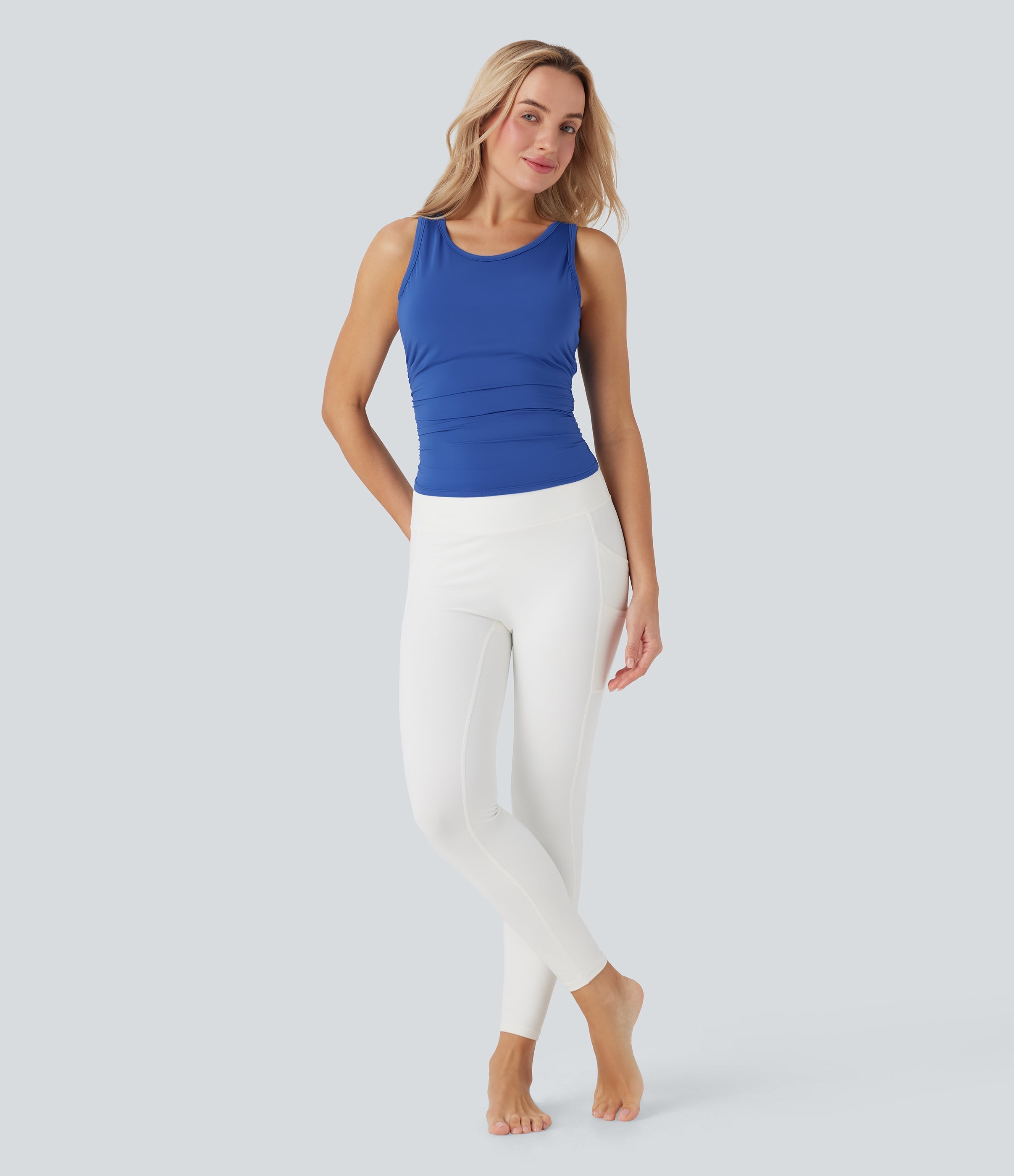 Round-Neck Racerback Ruched Built-in Bra Cool Touch Yoga Tank Top