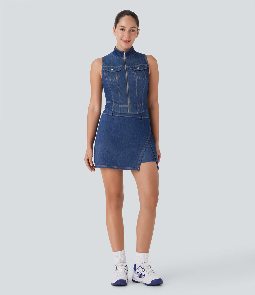 FlexTM Stand Collar Zipper Cool Touch Washed Denim Tennis Tank Top