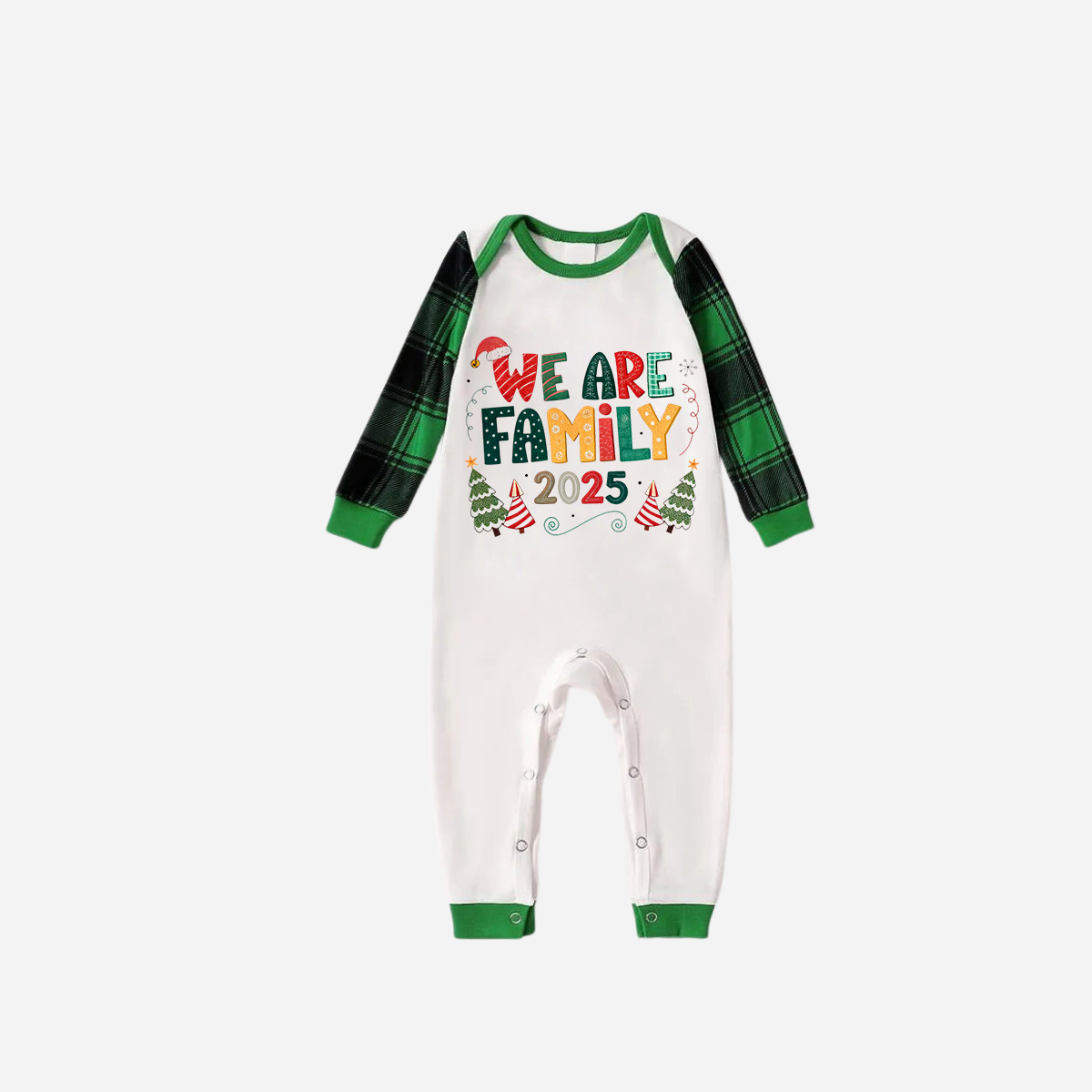 Green Raglan Top Green Plaid Christmas Pajamas Set With "We are Family" Colorful Text Print