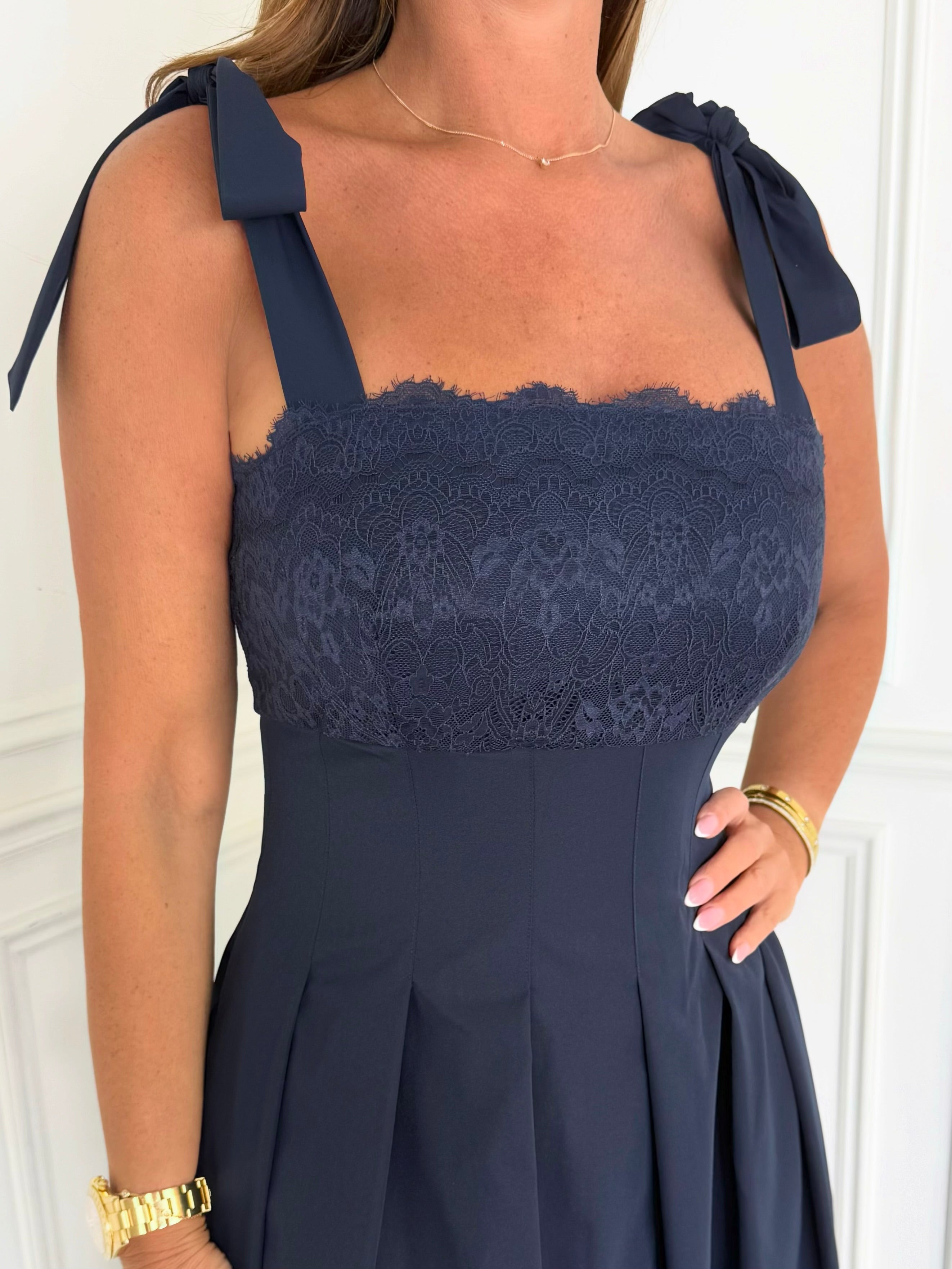 Riviera - Lace Tie-Shoulder Midi Dress (Navy)