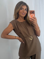 Brown Co-Ord With Thin Leather Belt And Gold Disk