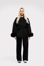 Women's Elegant Solid Color Waist Tie Fuzzy Cuff Wrap Coat, Premium Plush Long Sleeve Thermal Coat, Outerwear Jacket for Fall & Winter(CN/US)
