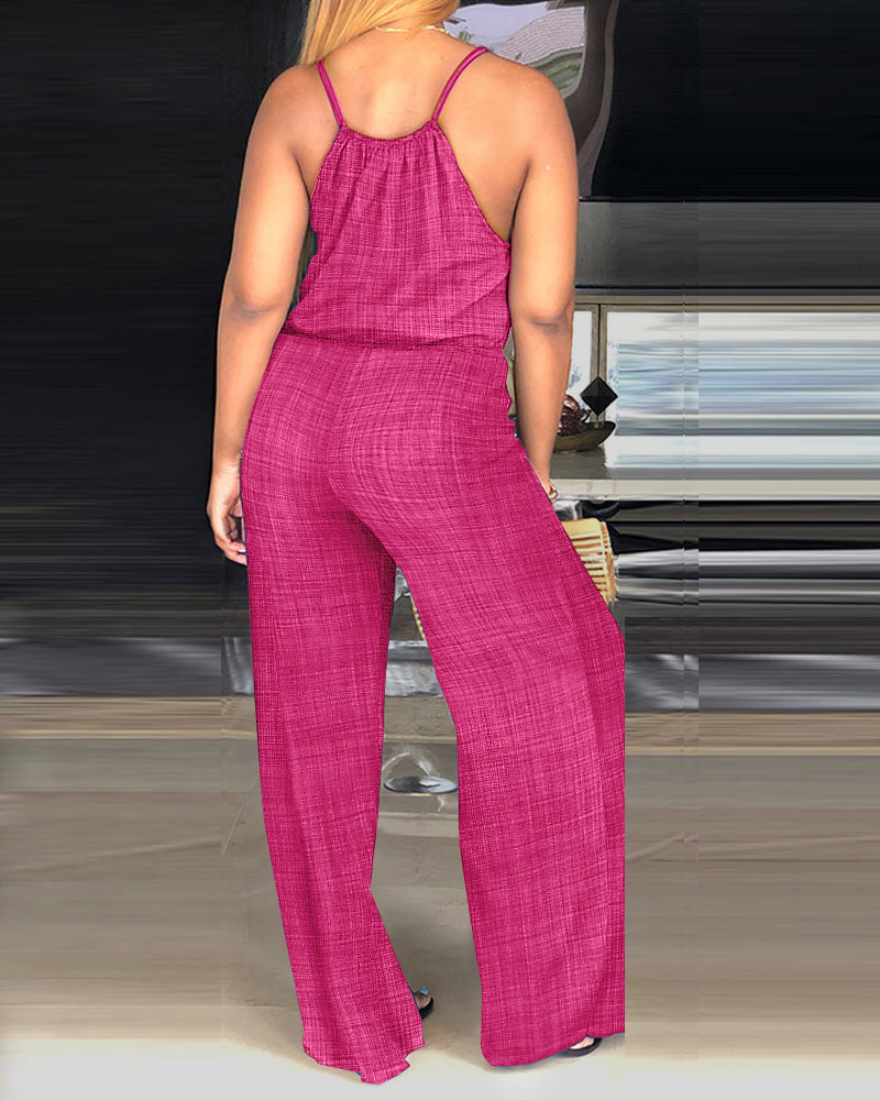 Womens Spaghetti Strap Drawstring Tied Waist Jumpsuit Casual Overalls