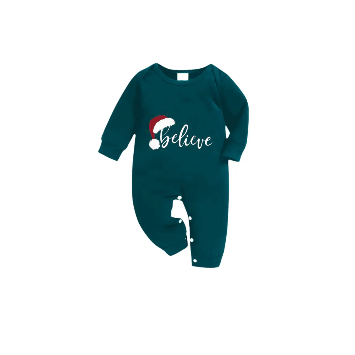 Christmas Family Matching Pajamas-Dark Green&Deer Patterned Pjs Set with Santa Hat and “Believe” Text Print