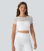 Halter Short Sleeve Contrast Mesh 2-in-1 Cropped Yoga Sports Top