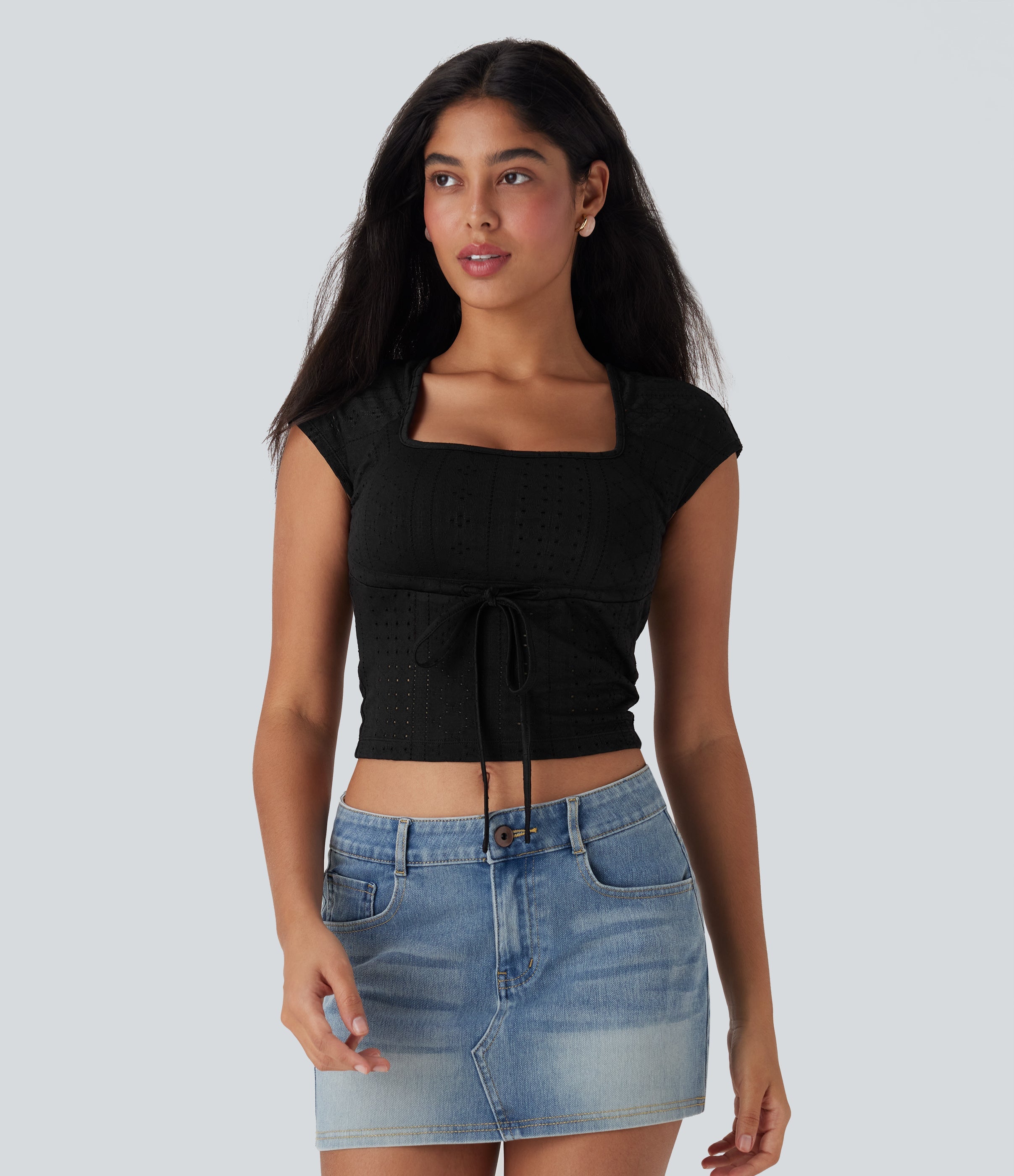Square Neck Drawstring Eyelet Embroidery Skinny Cropped Casual Top