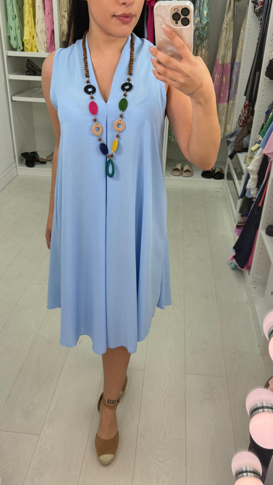 Ebby Plain V Neck loose Fit Necklace Dress