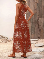 Women's Floral Print Split Thigh Halter Dress, Elegant Chic Boho Style Tie Back Design Long Dress for Spring Summer Fall, Bohemian