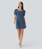 FlexTM Square Neck Short Sleeve Zipper Denim Mini Casual Dress