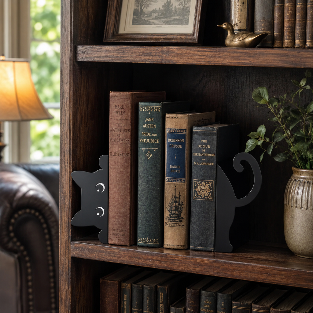 Black Cat Bookends, Set of 2 Metal Cat Book Stoppers