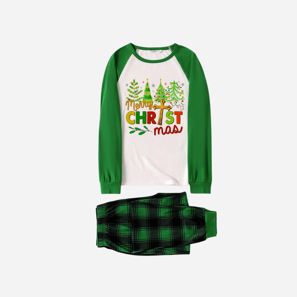 Merry Christmas Trees Family Christmas Pajamas Set - White Top with Green Sleeves and Green Plaid Pants