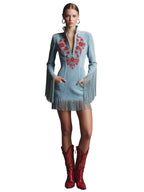 Astrid | Western Retro Red Embroidered Blue Faux Suede Long-Sleeved Tassel Mini Dress