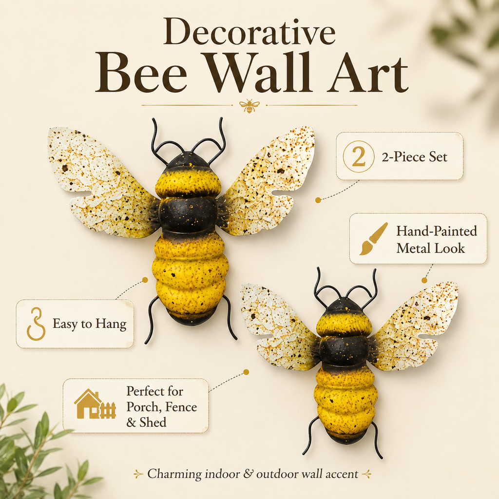 2-Piece Painted Bee Wall Decor Set – Rustic Metal Bee Garden & Porch Decorations