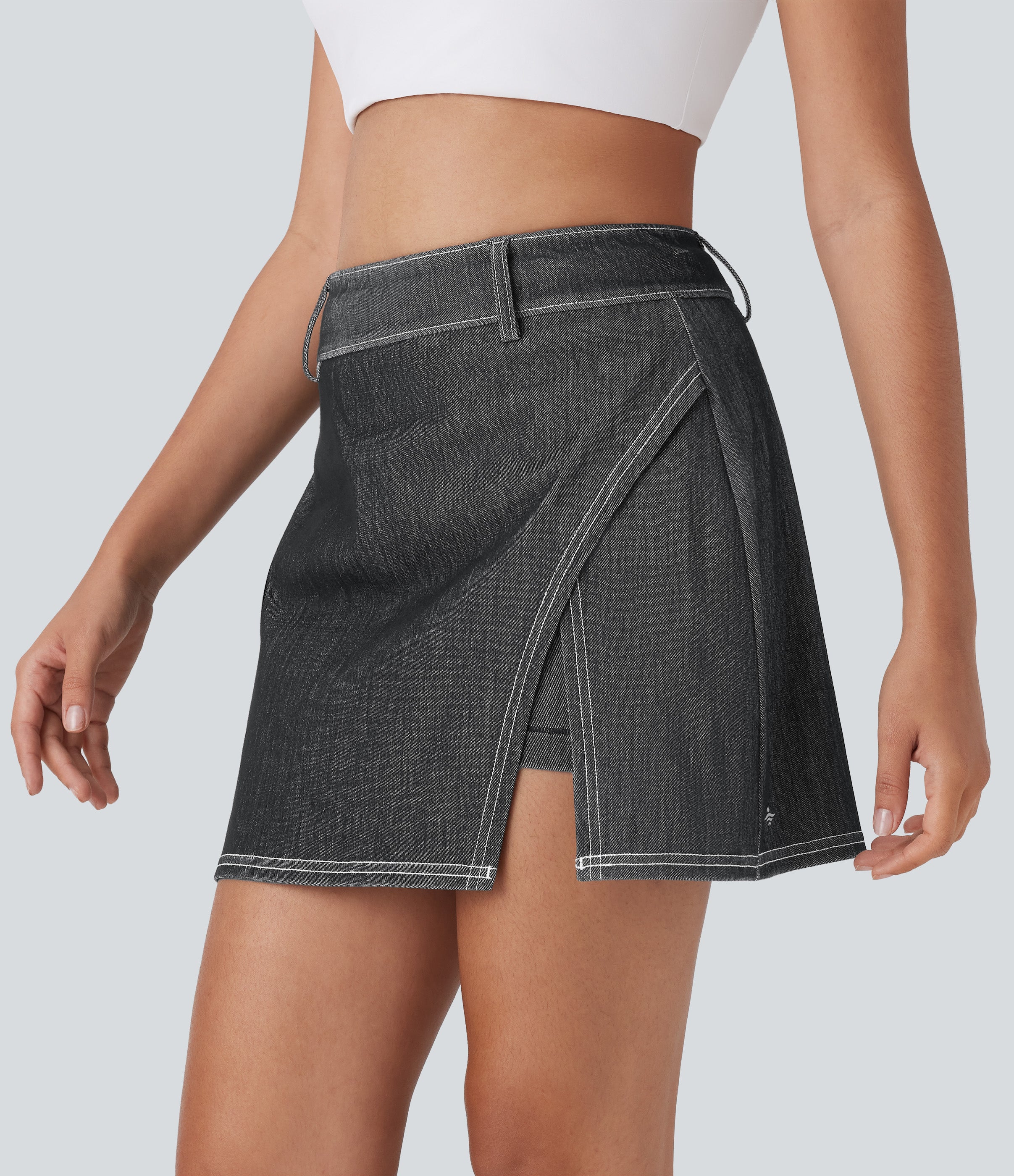 FlexTM High Waisted 2-in-1 Cool Touch Washed Denim Mini Tennis Skirt with Pocket
