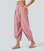 Mid Rise Stripe Casual Linen-Feel Joggers with Pockets