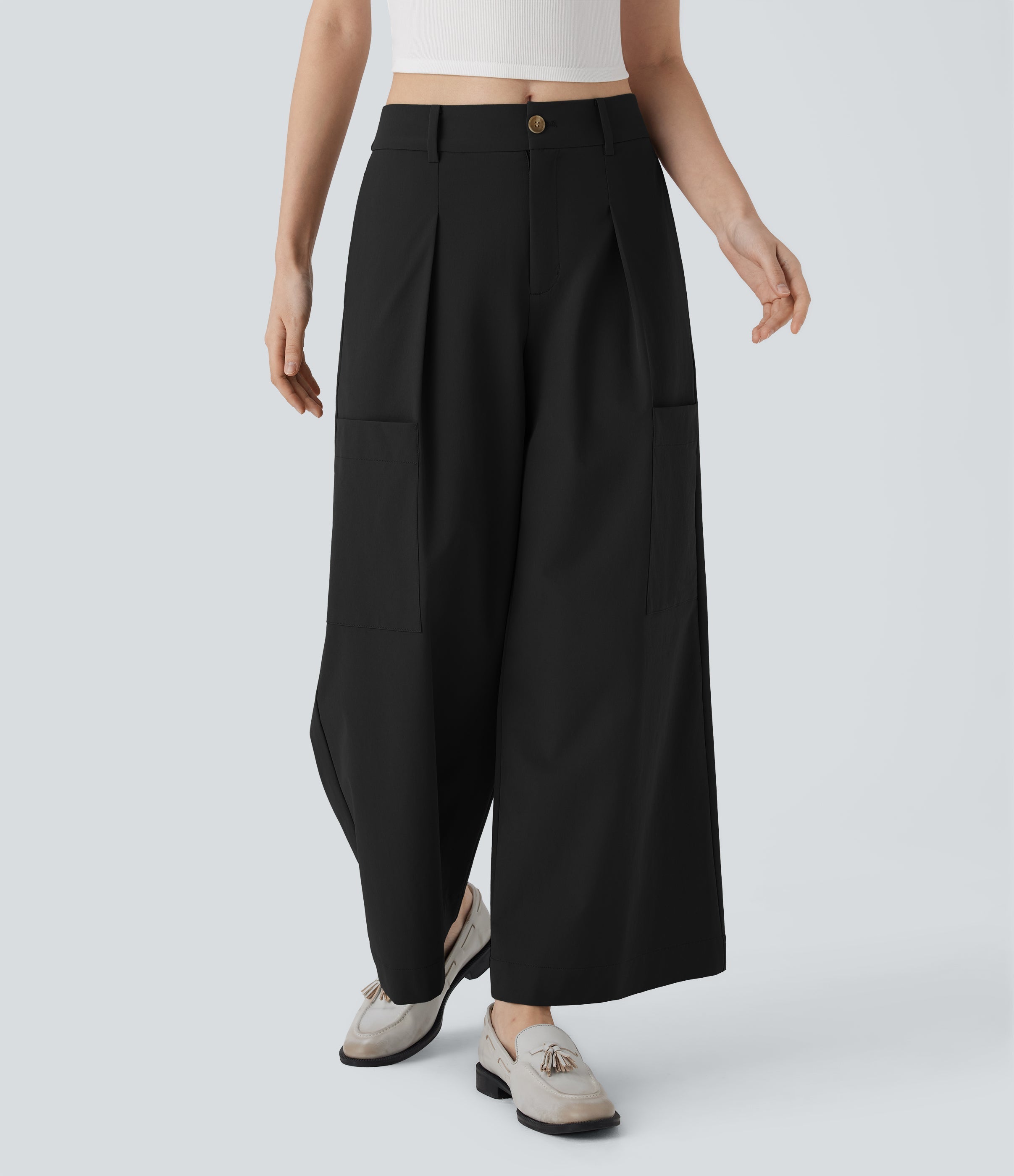 Mid Rise Wide Leg Work Pants with Pockets