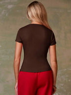 Women's Casual Red Single-Breasted Short Sleeve Fitted Top,Red Top,Christmas, Cute Vacation,Resort Wear,Summer Holiday,Spring,Spring Break,Beach