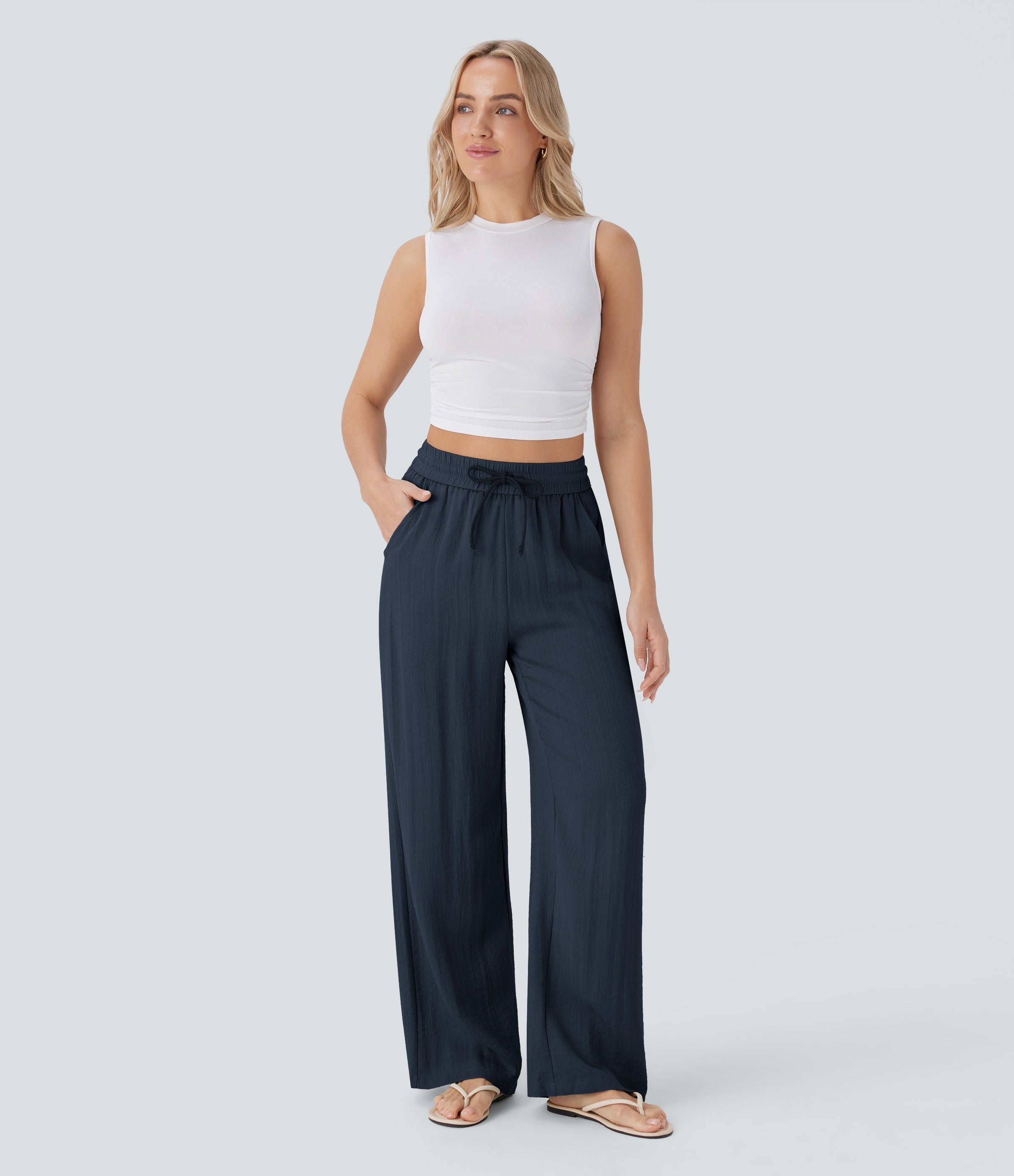 2026🔥 High Waisted Drawstring Pocket Wide Leg Casual Linen-Feel Pants