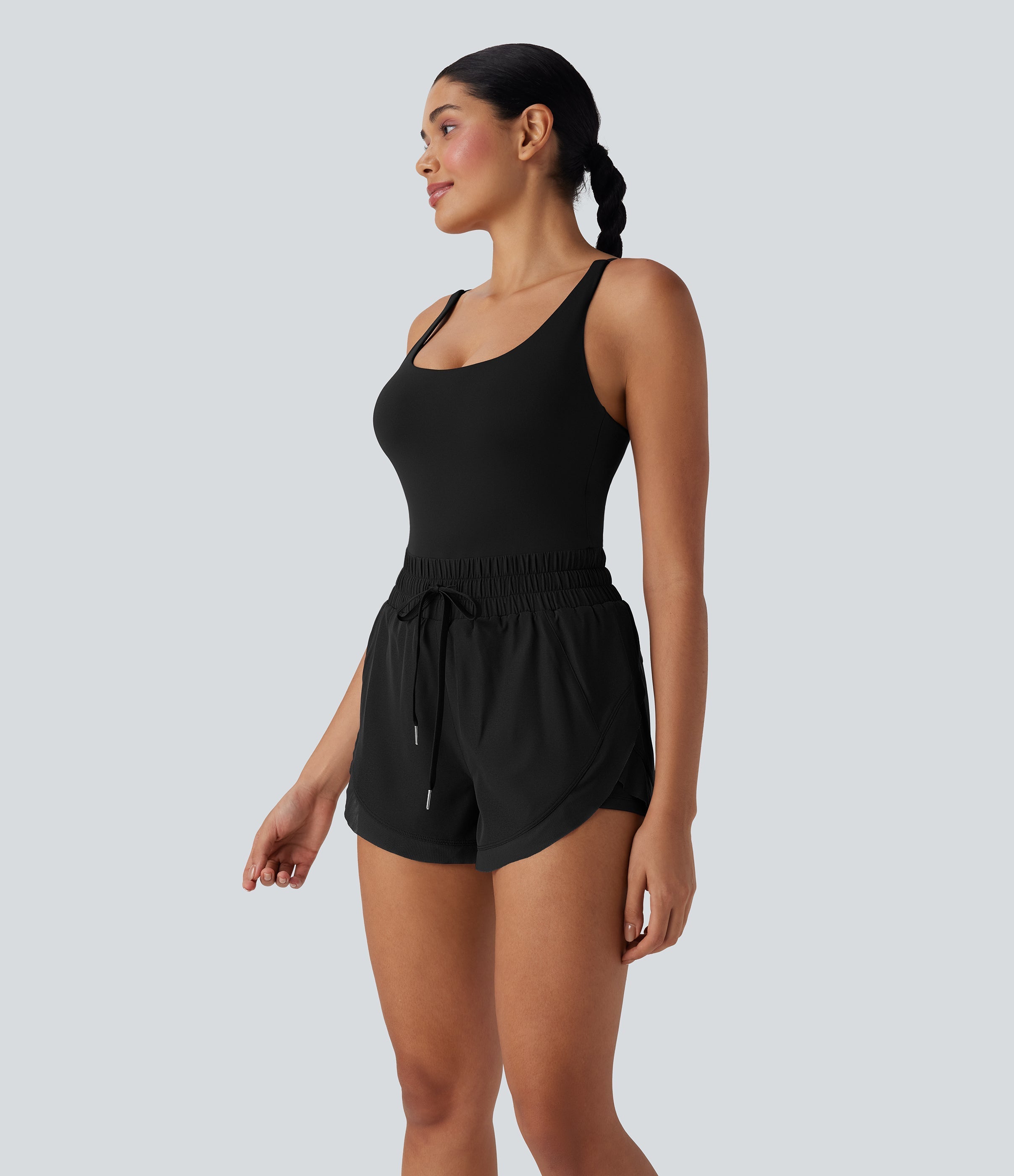 Shirred Drawstring 2-in-1 Running Romper with Pockets