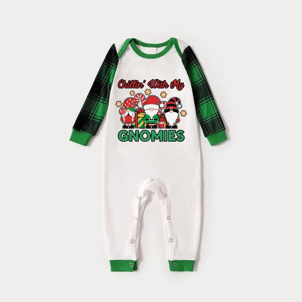 Green Raglan Top Green Plaid Christmas Pajamas Set With "Chillin With My GNOMIES" Green and Red Gnomes Print