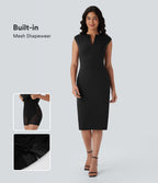 V-neck Zipper Bodycon Midi Work Built-in Mesh Shapewear Dress