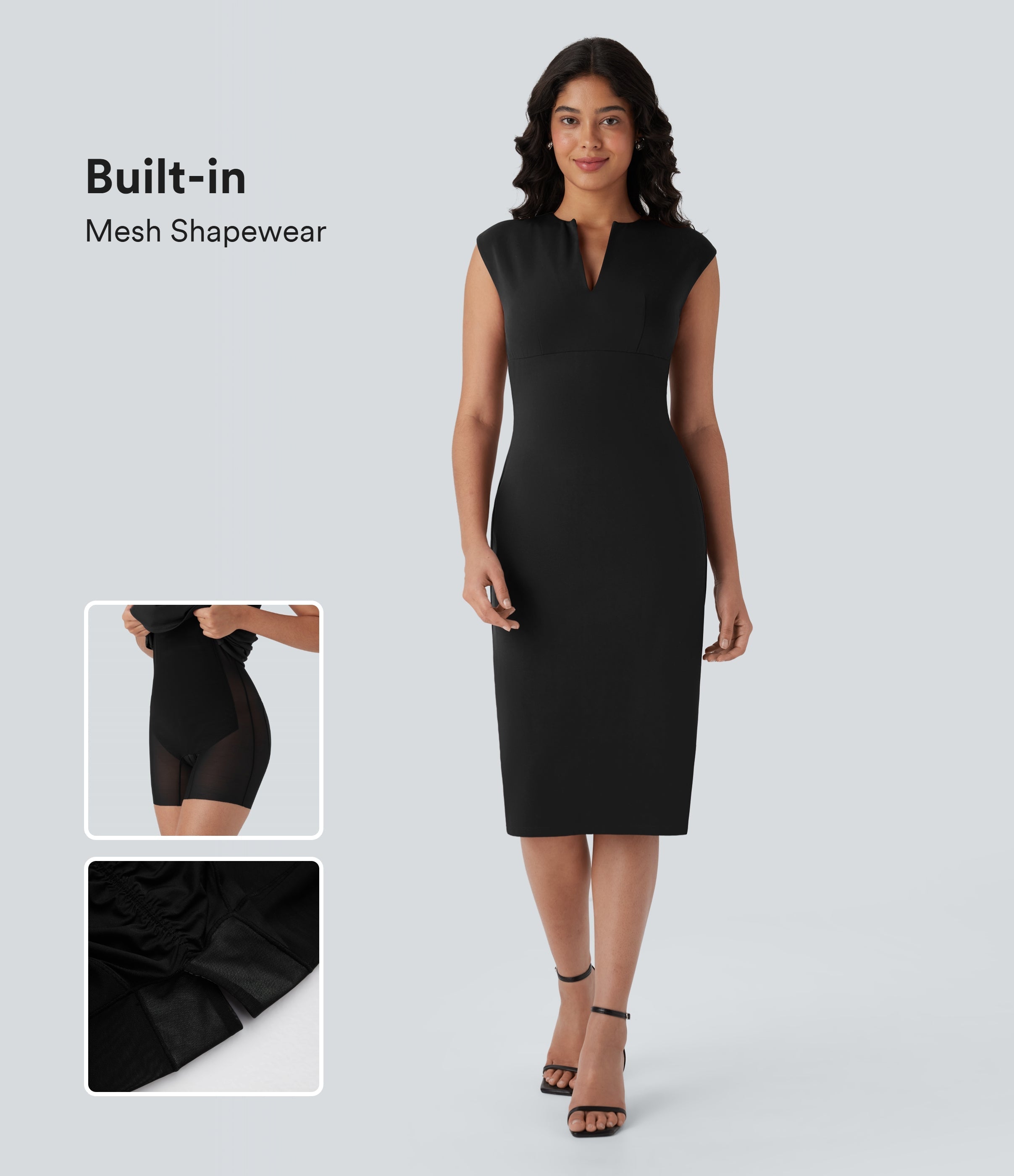 V-neck Zipper Bodycon Midi Work Built-in Mesh Shapewear Dress