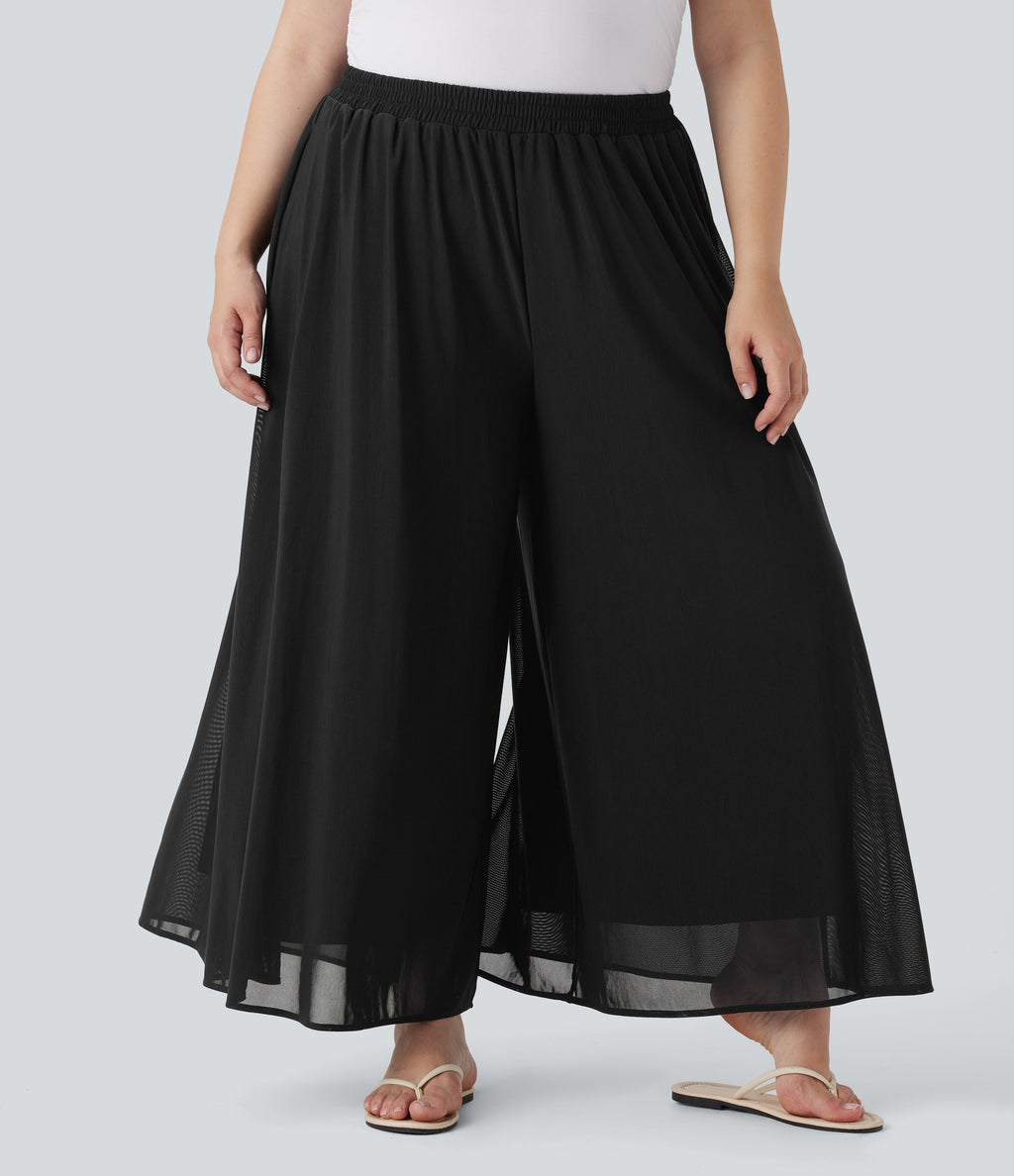 Plus Size High Waisted Mesh Overlay Wide Leg Casual Pants with Pockets