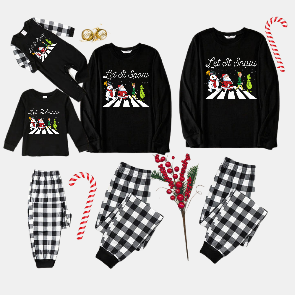 Black and White Plaid Christmas Pajamas Set with Santa Claus and Cartoon Pattern Print