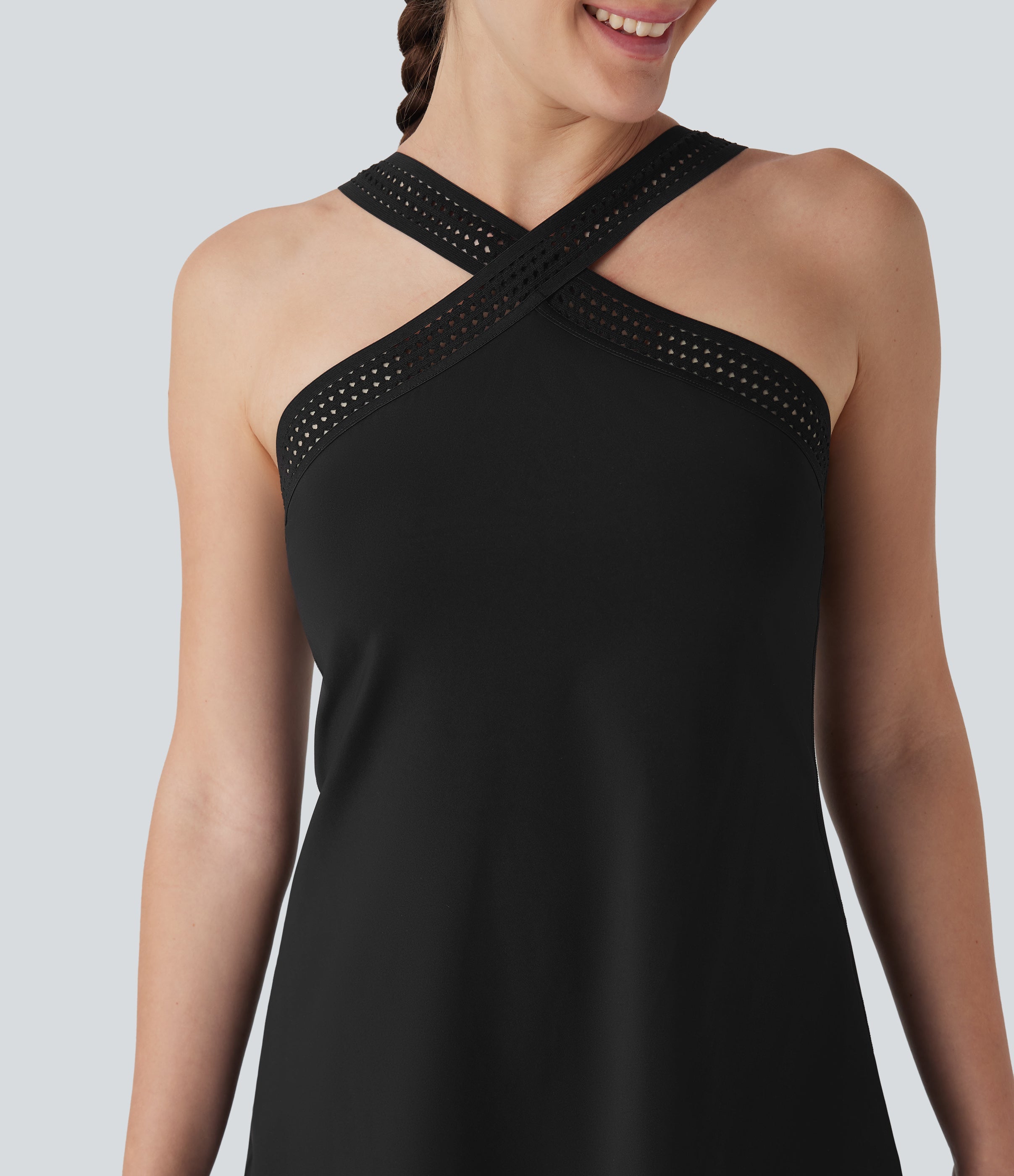 SoftlyzeroTM Airy Halter Cut Out Backless 2-in-1 Cool Touch Mini Yoga Active Dress with Side Pockets-Easy Peezy Edition-UPF50+