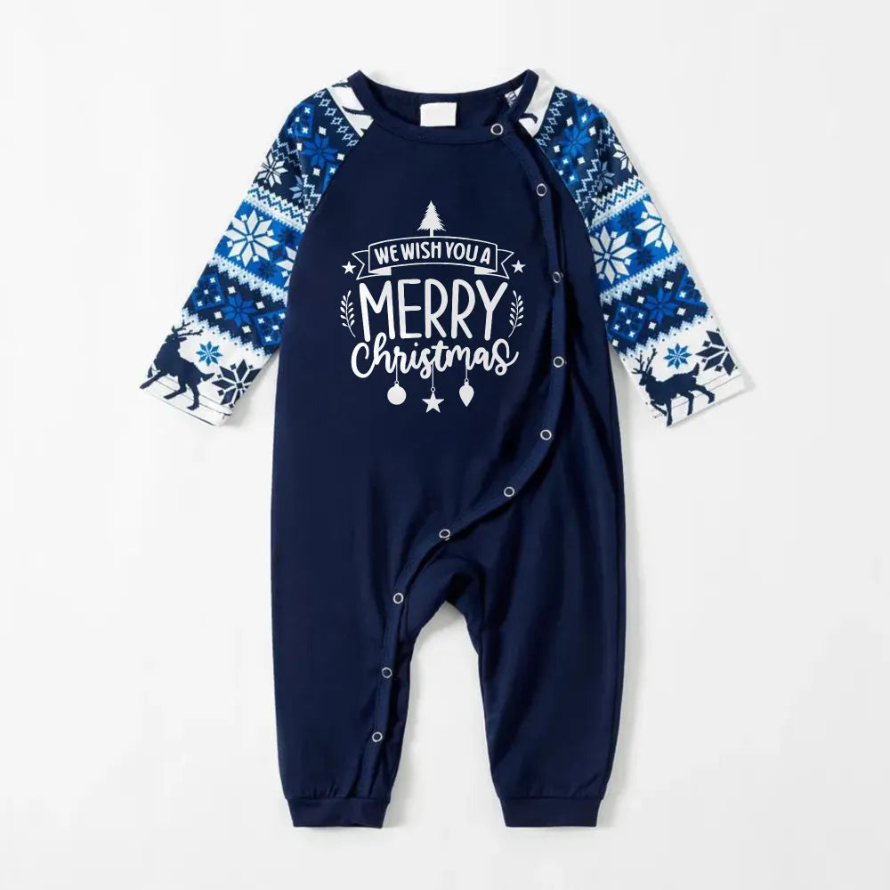 Joyful Blue Christmas Pajamas Set With Christmas Text Print