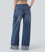 FlexTM Low Rise Rolled Hem Washed Casual Baggy Jeans with Pockets