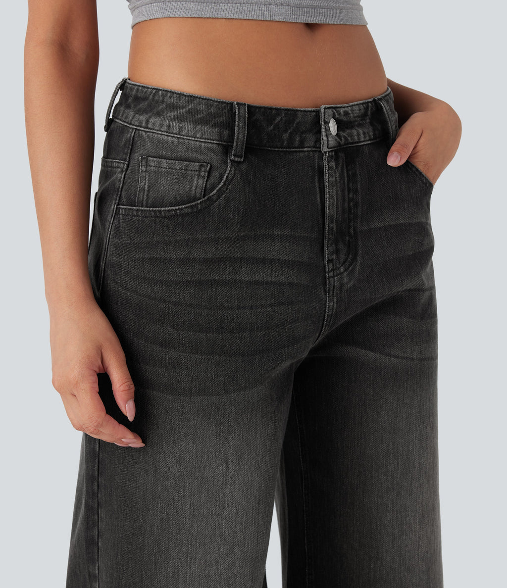 FlexTM Low Rise Washed Casual Capri Baggy Jeans with Pockets