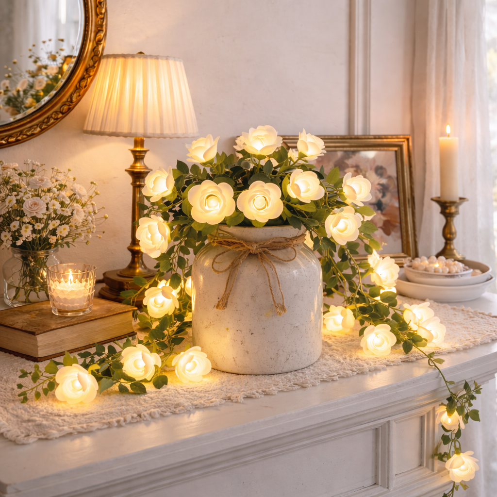 White Rose Vine String Lights with Remote – Cozy Home Decor & Mother’s Day Gift