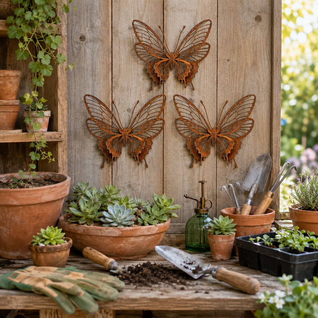 3D Rustic Metal Butterfly Garden Wall Decor – Set of 3