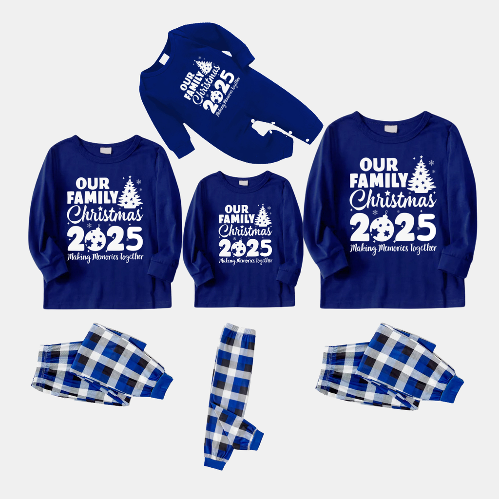Our Family Chirstmas 2025 Making Memories Together' Letter Print (White) Blue Long Sleeves with Blue&White&Black Plaid Pants Family Matching Pajamas