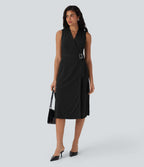 Anti-wrinkle V Neck Sleeveless Wrapped Belted Midi Travel Dress with Pockets